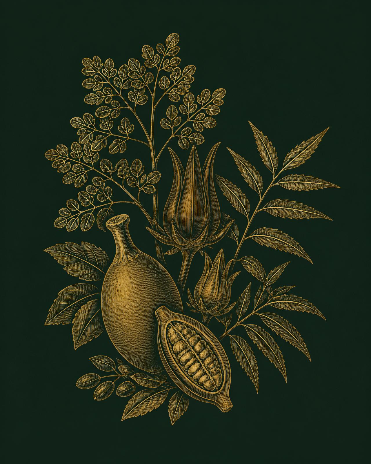 Gold botanical engraving of moringa, hibiscus, baobab and neem